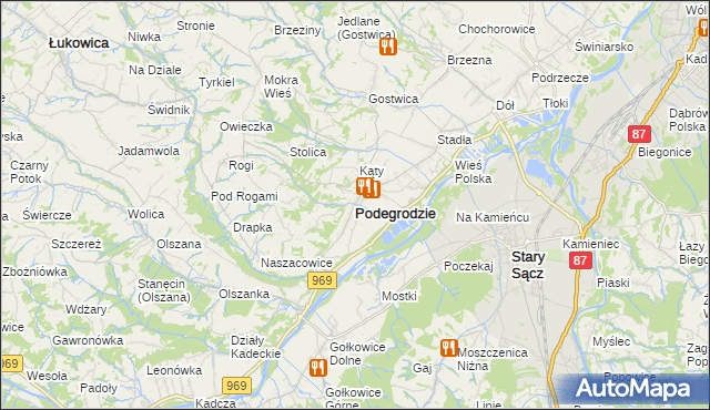 mapa Podegrodzie powiat nowosądecki, Podegrodzie powiat nowosądecki na mapie Targeo