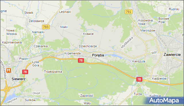 mapa Poręba powiat zawierciański, Poręba powiat zawierciański na mapie Targeo
