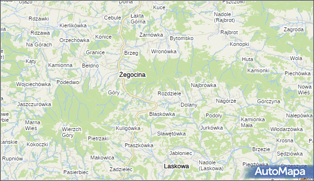 mapa Rozdziele gmina Żegocina, Rozdziele gmina Żegocina na mapie Targeo