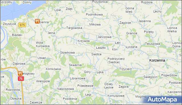 mapa Siedlce gmina Korzenna, Siedlce gmina Korzenna na mapie Targeo