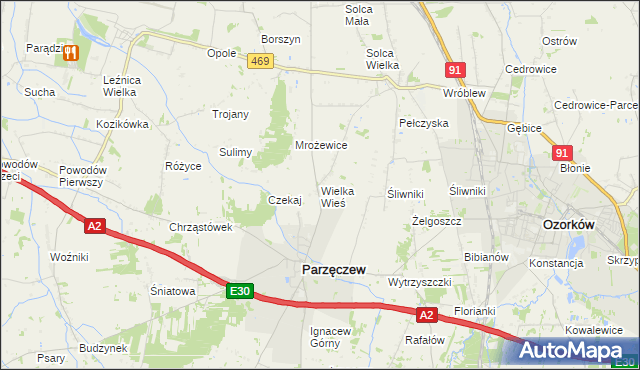 mapa Wielka Wieś gmina Parzęczew, Wielka Wieś gmina Parzęczew na mapie Targeo