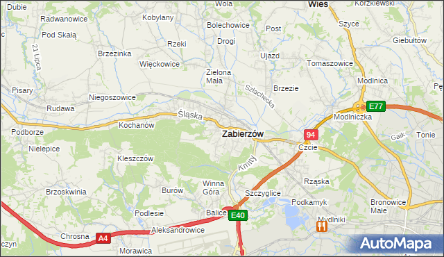 mapa Zabierzów powiat krakowski, Zabierzów powiat krakowski na mapie Targeo