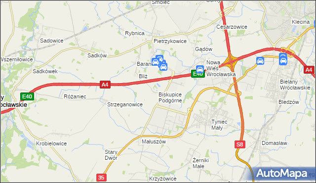 mapa Biskupice Podgórne, Biskupice Podgórne na mapie Targeo