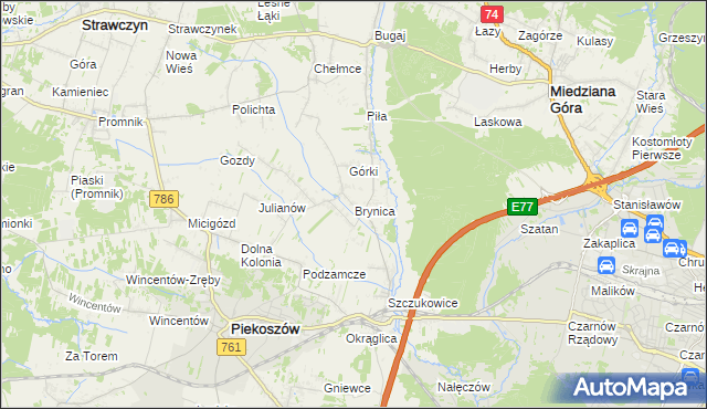 mapa Brynica gmina Piekoszów, Brynica gmina Piekoszów na mapie Targeo