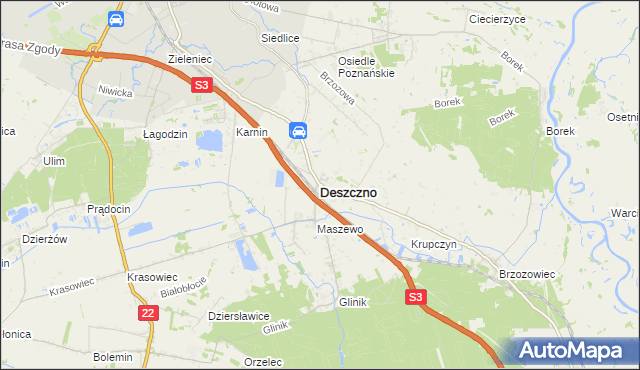 mapa Deszczno, Deszczno na mapie Targeo