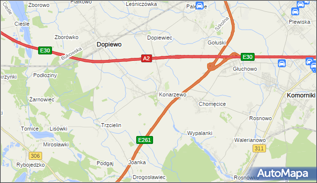 mapa Konarzewo gmina Dopiewo, Konarzewo gmina Dopiewo na mapie Targeo
