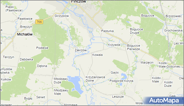 mapa Kowala gmina Pińczów, Kowala gmina Pińczów na mapie Targeo