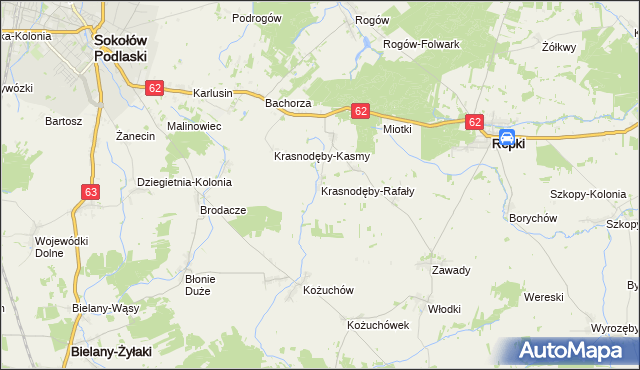 mapa Krasnodęby-Rafały, Krasnodęby-Rafały na mapie Targeo