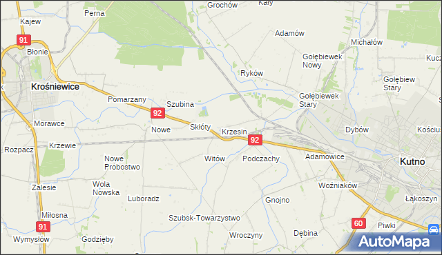 mapa Krzesin gmina Kutno, Krzesin gmina Kutno na mapie Targeo