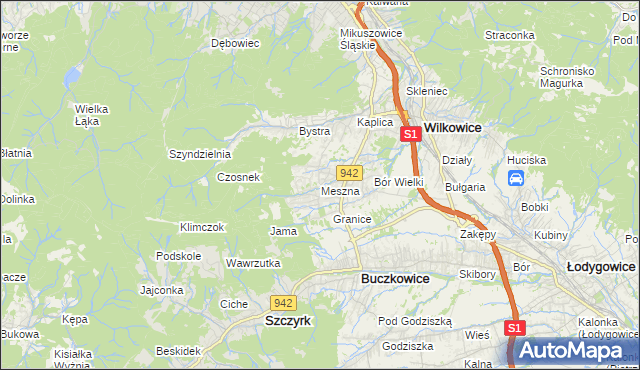 mapa Meszna gmina Wilkowice, Meszna gmina Wilkowice na mapie Targeo