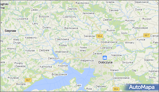 mapa Nowa Wieś gmina Dobczyce, Nowa Wieś gmina Dobczyce na mapie Targeo