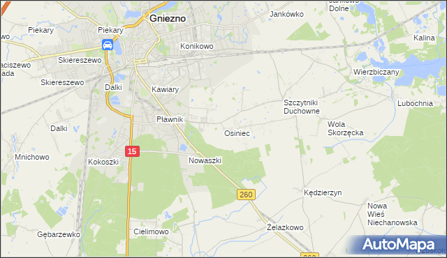 mapa Osiniec gmina Gniezno, Osiniec gmina Gniezno na mapie Targeo