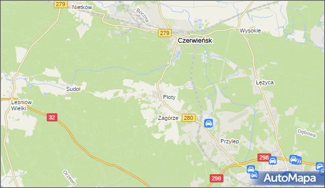 mapa Płoty gmina Czerwieńsk, Płoty gmina Czerwieńsk na mapie Targeo