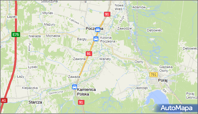 mapa Wanaty gmina Kamienica Polska, Wanaty gmina Kamienica Polska na mapie Targeo
