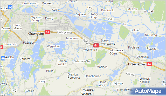 mapa Włosienica gmina Oświęcim, Włosienica gmina Oświęcim na mapie Targeo