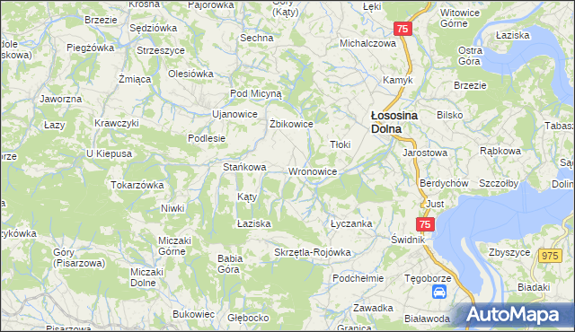 mapa Wronowice gmina Łososina Dolna, Wronowice gmina Łososina Dolna na mapie Targeo