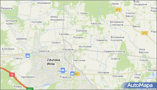 mapa Wymysłów gmina Zduńska Wola, Wymysłów gmina Zduńska Wola na mapie Targeo