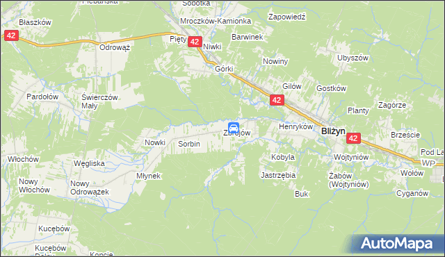 mapa Zbrojów gmina Bliżyn, Zbrojów gmina Bliżyn na mapie Targeo