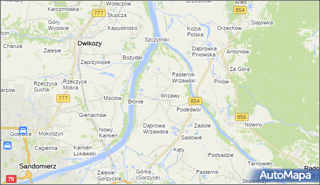 mapa Wrzawy gmina Gorzyce, Wrzawy gmina Gorzyce na mapie Targeo