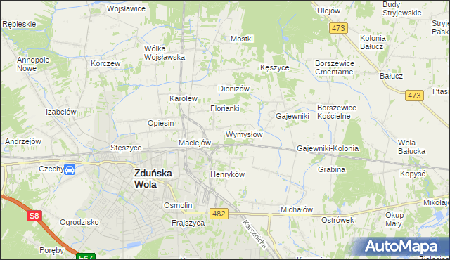 mapa Wymysłów gmina Zduńska Wola, Wymysłów gmina Zduńska Wola na mapie Targeo