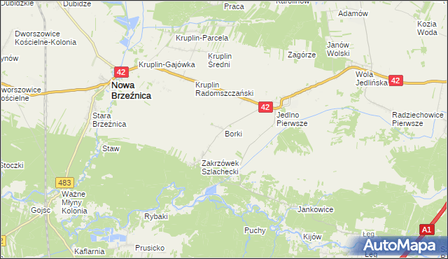 mapa Borki gmina Ładzice, Borki gmina Ładzice na mapie Targeo