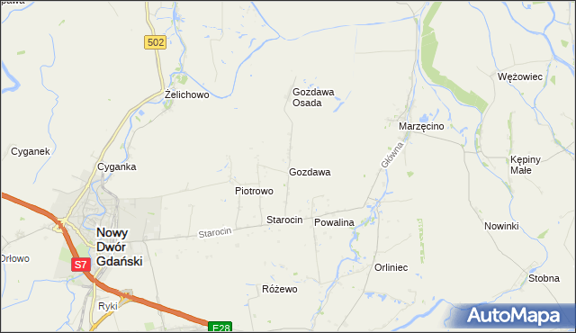 mapa Gozdawa gmina Nowy Dwór Gdański, Gozdawa gmina Nowy Dwór Gdański na mapie Targeo