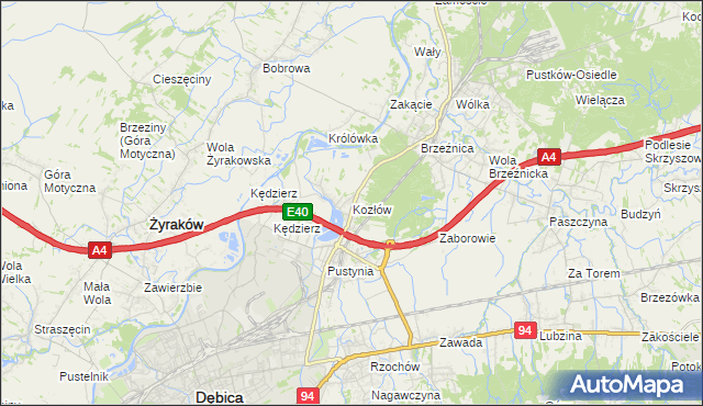 mapa Kozłów gmina Dębica, Kozłów gmina Dębica na mapie Targeo