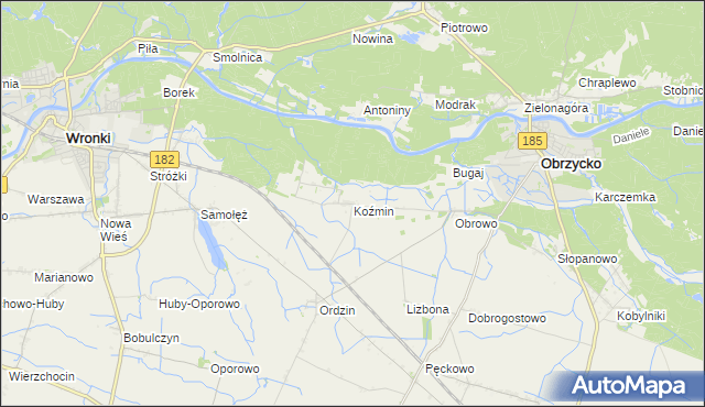 mapa Koźmin gmina Obrzycko, Koźmin gmina Obrzycko na mapie Targeo