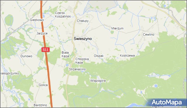 mapa Olszak gmina Świeszyno, Olszak gmina Świeszyno na mapie Targeo