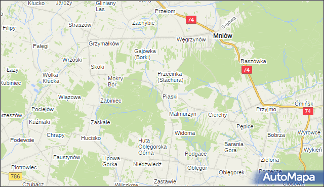 mapa Piaski gmina Mniów, Piaski gmina Mniów na mapie Targeo
