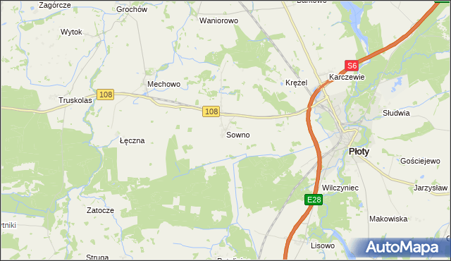 mapa Sowno gmina Płoty, Sowno gmina Płoty na mapie Targeo