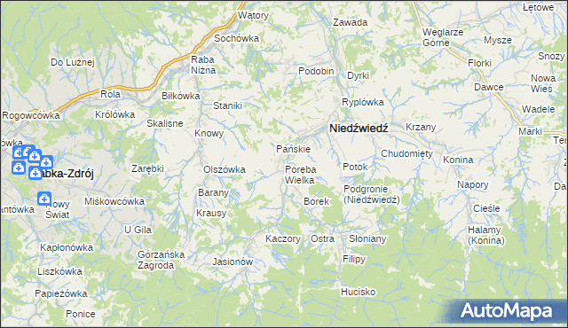 mapa Poręba Wielka gmina Niedźwiedź, Poręba Wielka gmina Niedźwiedź na mapie Targeo