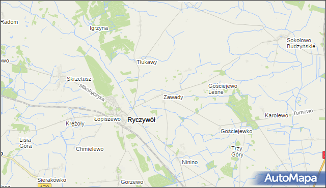 mapa Zawady gmina Ryczywół, Zawady gmina Ryczywół na mapie Targeo