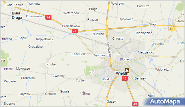 mapa Dąbrowa gmina Wieluń, Dąbrowa gmina Wieluń na mapie Targeo
