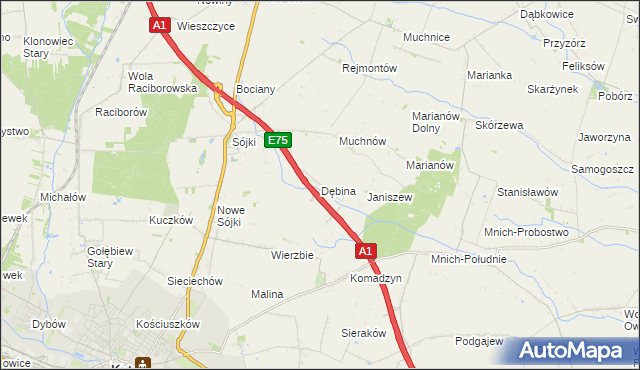 mapa Dębina gmina Strzelce, Dębina gmina Strzelce na mapie Targeo