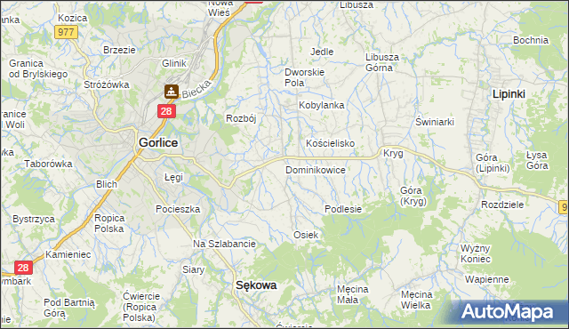 mapa Dominikowice gmina Gorlice, Dominikowice gmina Gorlice na mapie Targeo
