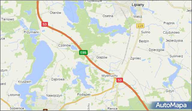 mapa Głazów gmina Myślibórz, Głazów gmina Myślibórz na mapie Targeo