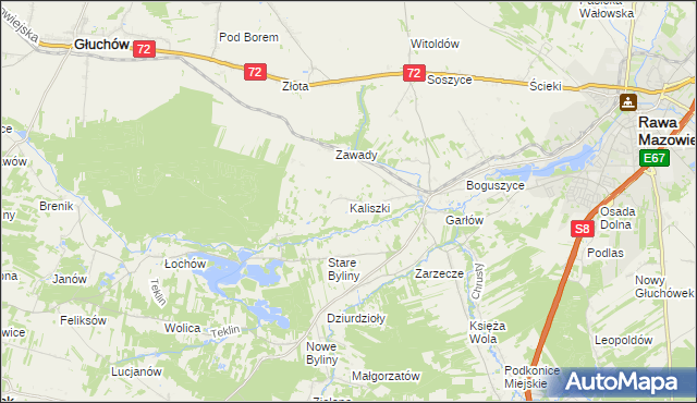 mapa Kaliszki gmina Rawa Mazowiecka, Kaliszki gmina Rawa Mazowiecka na mapie Targeo