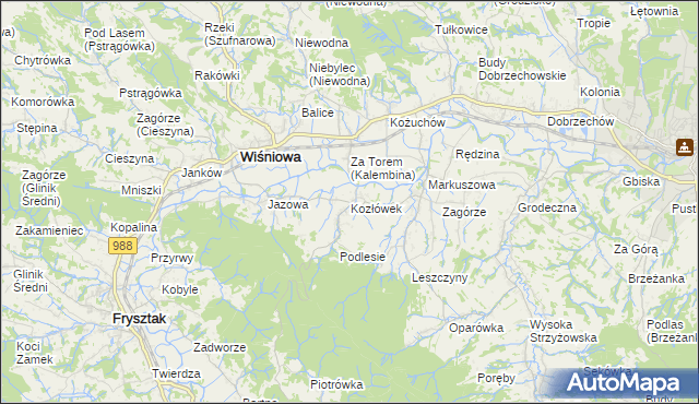 mapa Kozłówek gmina Wiśniowa, Kozłówek gmina Wiśniowa na mapie Targeo