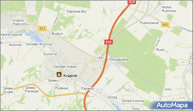 mapa Lasy gmina Kraśnik, Lasy gmina Kraśnik na mapie Targeo