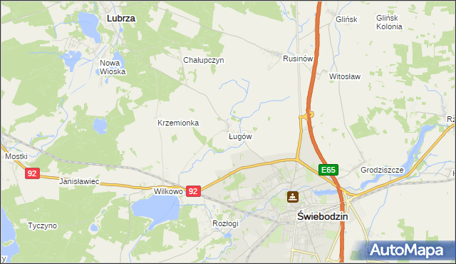 mapa Ługów gmina Świebodzin, Ługów gmina Świebodzin na mapie Targeo