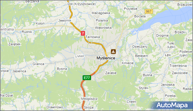 mapa Myślenice, Myślenice na mapie Targeo