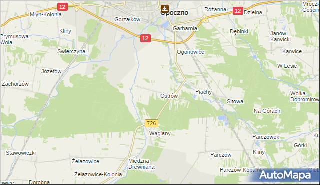 mapa Ostrów gmina Opoczno, Ostrów gmina Opoczno na mapie Targeo