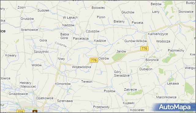 mapa Ostrów gmina Proszowice, Ostrów gmina Proszowice na mapie Targeo