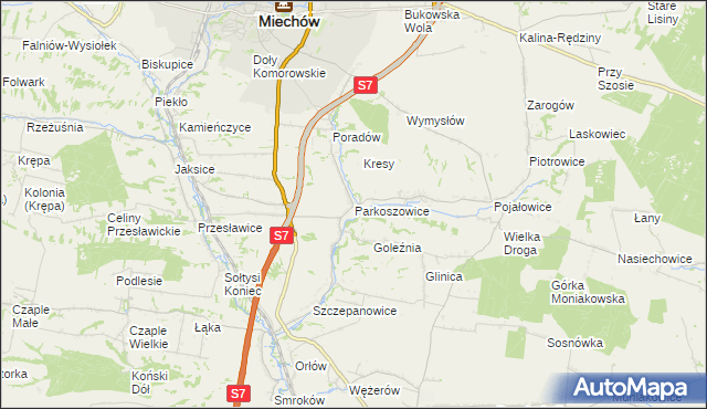 mapa Parkoszowice gmina Miechów, Parkoszowice gmina Miechów na mapie Targeo