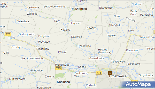 mapa Rzędowice gmina Koniusza, Rzędowice gmina Koniusza na mapie Targeo