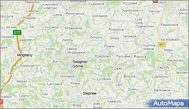 mapa Rzeszotary gmina Świątniki Górne, Rzeszotary gmina Świątniki Górne na mapie Targeo