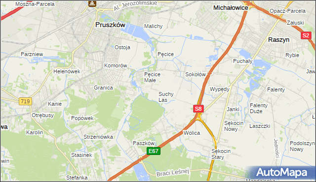 mapa Suchy Las gmina Michałowice, Suchy Las gmina Michałowice na mapie Targeo