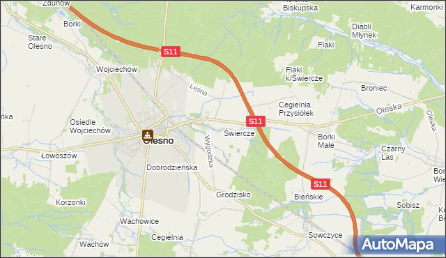 mapa Świercze gmina Olesno, Świercze gmina Olesno na mapie Targeo