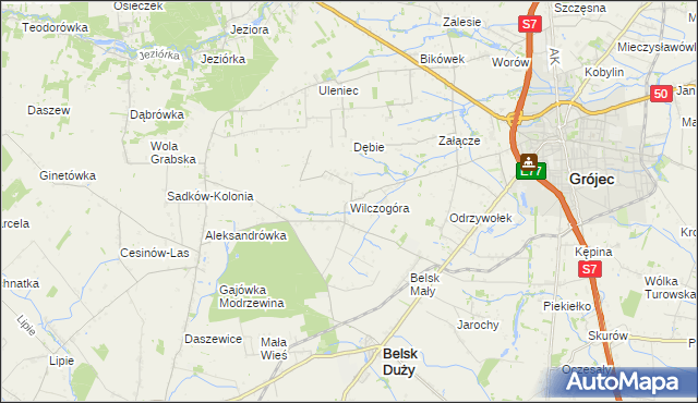 mapa Wilczogóra gmina Belsk Duży, Wilczogóra gmina Belsk Duży na mapie Targeo